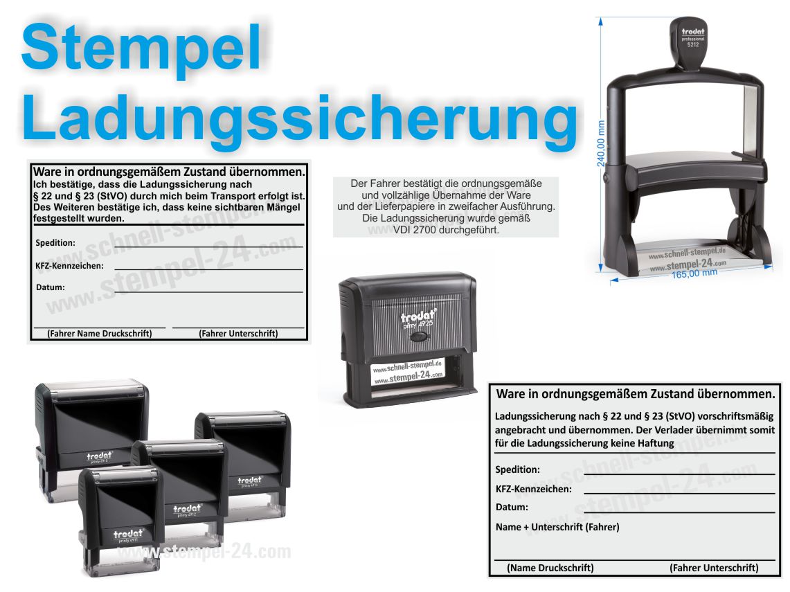 Stempel „Ladungssicherung geprüft nach VDI 2700“ – rechteckiger Prüf- und Dokumentationsstempel mit Feldern für Datum, Prüfer und Unterschrift. Geeignet zur Kennzeichnung kontrollierter Ladungssicherungsmaßnahmen. Stempel „Ladungssicherung geprüft nach VDI 2700“ – rechteckiger Prüf- und Dokumentationsstempel mit Feldern für Datum, Prüfer und Unterschrift. Geeignet zur Kennzeichnung kontrollierter Ladungssicherungsmaßnahmen.