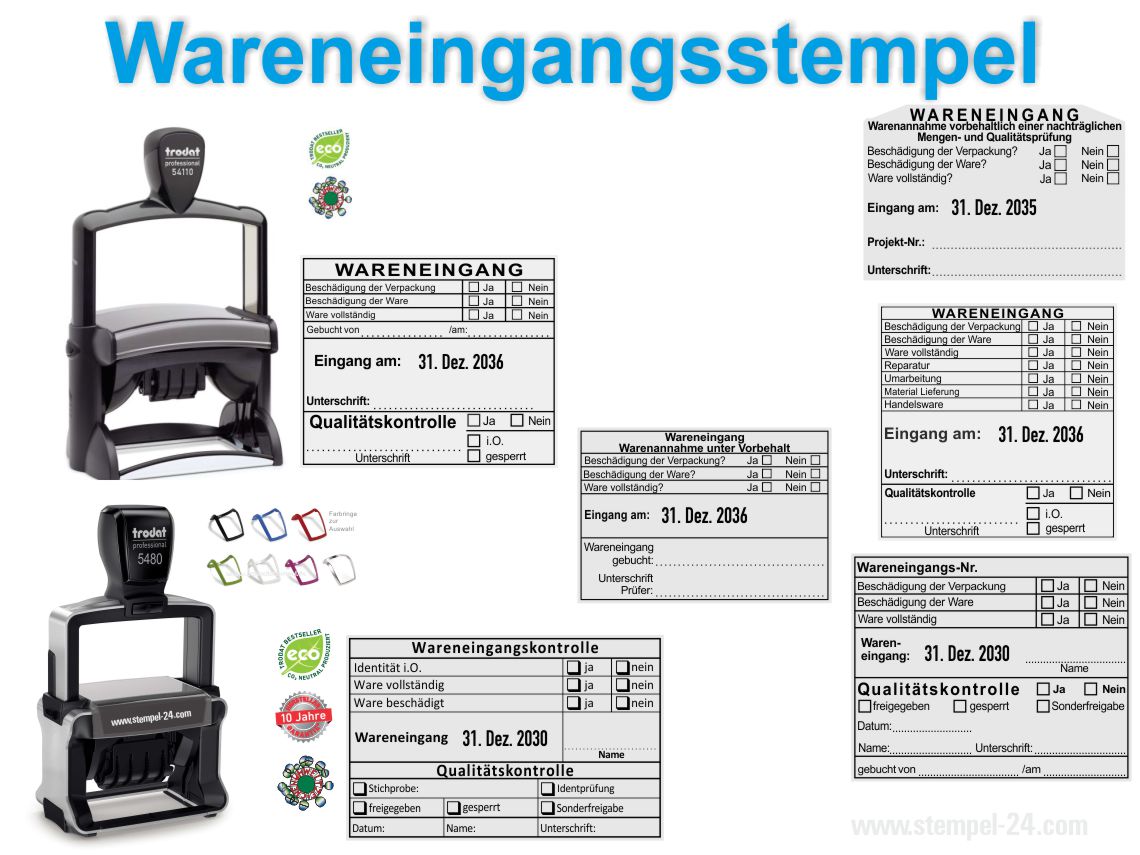 Stempel zur Dokumentation der Wareneingangskontrolle. Zur Bestätigung, dass die eingegangene Ware auf Menge, Zustand und Vollständigkeit geprüft wurde. Stempel Wareneingang Geprüft und Freigegeben