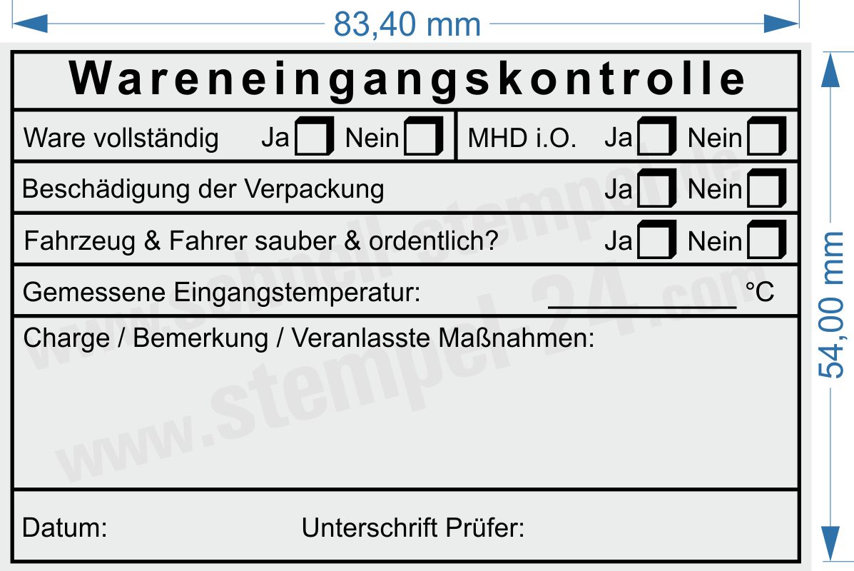 HACCP‑Stempel für Wareneingangskontrolle mit Feldern für Mindesthaltbarkeit, Charge und Temperatur zur sicheren Lebensmittelprüfung im Betrieb