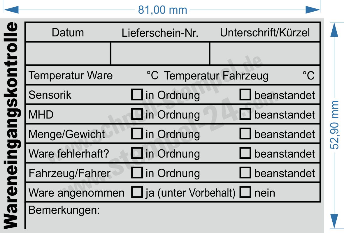 Wareneingangskontrollstempel für MHD, Mindesthaltbarkeit und Eingangstemperatur