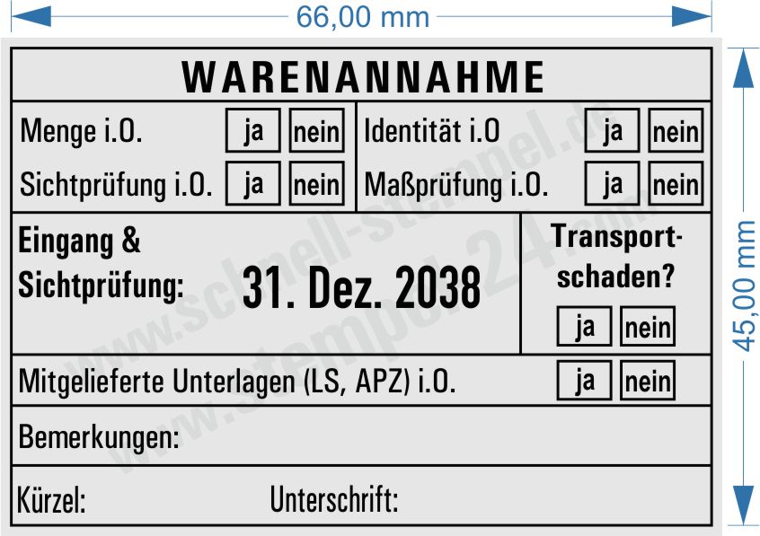 Stempel Warenannahme Sichtprüfung Maßprüfung