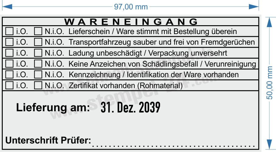 Wareneingangstempel Kennzeichnung für Zertifikate Wareneingangstempel Kennzeichnung für Zertifikate