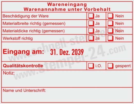 Wareneingangsstempel Werkstoff Materialgröße geprüft Rot