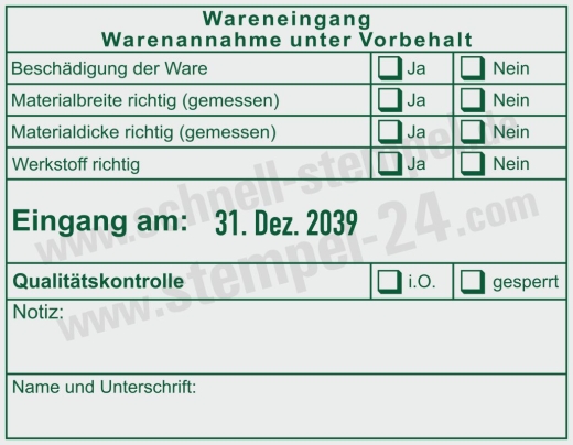 Wareneingangsstempel Werkstoff Materialgröße geprüft Grün