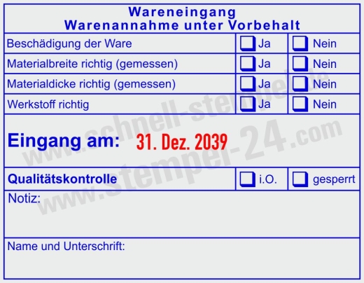 Wareneingangsstempel Werkstoff Materialgröße geprüft Blau/Rot