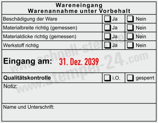 Wareneingangsstempel Werkstoff Materialgröße geprüft Schwarz/Rot
