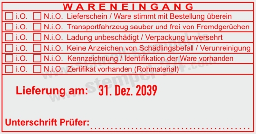 Wareneingangstempel Kennzeichnung für Zertifikate Rot
