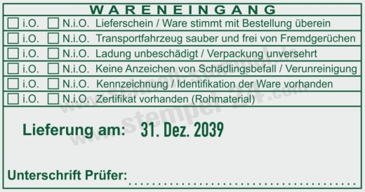 Wareneingangstempel Kennzeichnung für Zertifikate Grün