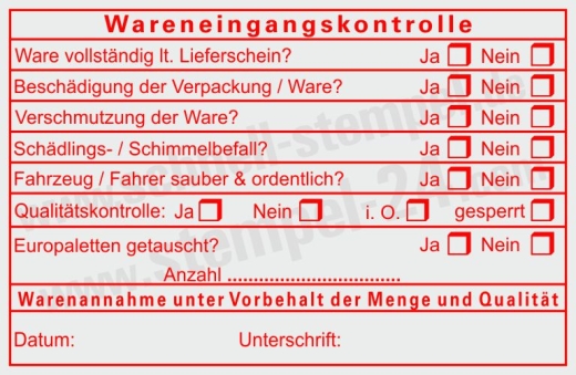 Kontrollstempel für die Logistik im Wareneingang mit Qualität und Paletten-Tausch Rot