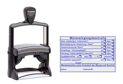 Kontrollstempel für die Logistik im Wareneingang mit Qualität und Paletten-Tausch Blau