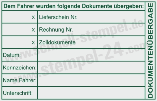 Stempel Dokumentenübergabe Lieferschein Rechnung Zolldokumente Grün