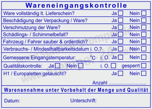 Stempel Wareneingangskontrolle Temperatur Sauberkeit Palettentausch | 5212
