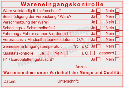 Stempel Wareneingangskontrolle Temperatur Sauberkeit Palettentausch Rot