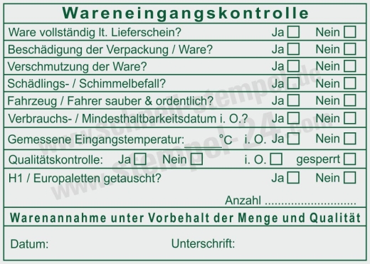 Stempel Wareneingangskontrolle Temperatur Sauberkeit Palettentausch Grün
