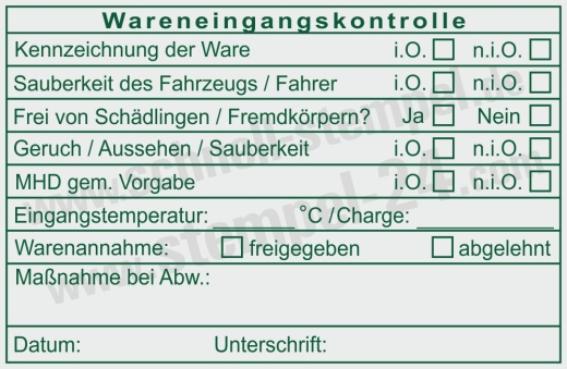 Stempel Warenannahme Lebensmittelkontrolle Charge Grün