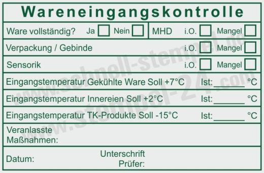 Stempel Wareneingangskontrolle MHD Tiefkühlware Innereien Temperatur Grün