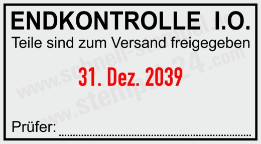 Stempeltext: Endkontrolle – In Ordnung – Teile zum Versand freigegeben Schwarz/Rot