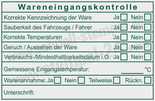 Prüfstempel – Warenannahme Lebensmittelkontrolle Kennzeichnung Temperatur Grün