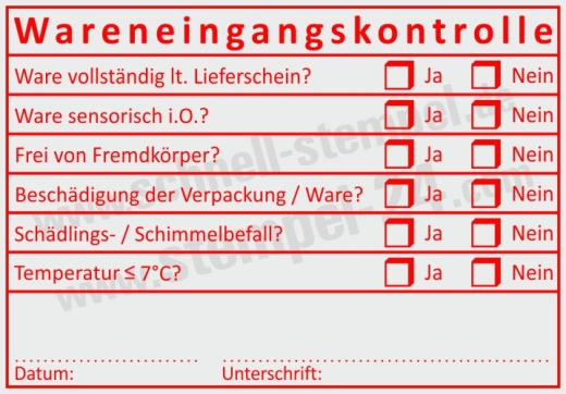 Textstempel – Wareneingangskontrolle, Temperatur & Schädlingsbefall Rot