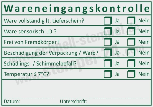 Textstempel – Wareneingangskontrolle, Temperatur & Schädlingsbefall Grün