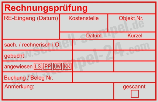 Kontierungsstempel – Rechnungsprüfung, Kostenstelle, Objektnummer, Lastschrift, PayPal & Überweisung Rot