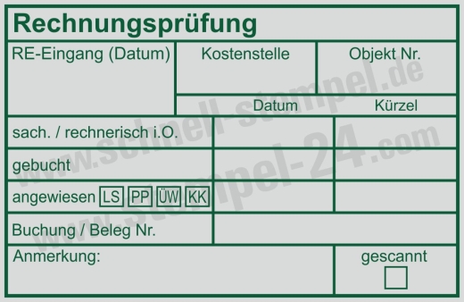 Kontierungsstempel – Rechnungsprüfung, Kostenstelle, Objektnummer, Lastschrift, PayPal & Überweisung Grün
