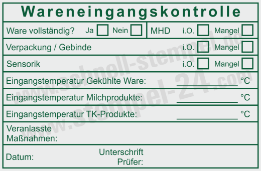 HACCP Wareneingangskontrolle Stempel – MHD Sensorik & Eingangstemperatur – Grün