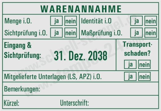 Stempel Warenannahme Sichtprüfung Maßprüfung Grün