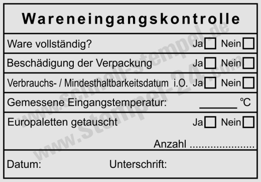 Stempel Wareneingangsprüfung der Gastronomie Haltbarkeit Eingangstemperatur Vollständig Beschädigung Schwarz