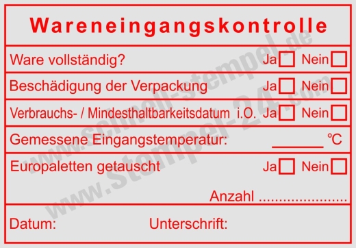 Stempel Wareneingangsprüfung der Gastronomie Haltbarkeit Eingangstemperatur Vollständig Beschädigung Rot