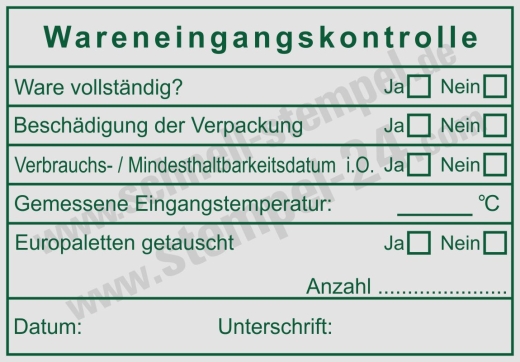 Stempel Wareneingangsprüfung der Gastronomie Haltbarkeit Eingangstemperatur Vollständig Beschädigung Grün