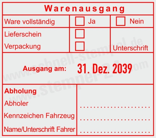 Warenausgangsstempel - Ware vollständig, Lieferschein geprüft, Verpackung & Abholung dokumentiert Rot