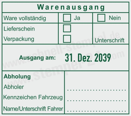 Warenausgangsstempel - Ware vollständig, Lieferschein geprüft, Verpackung & Abholung dokumentiert Grün