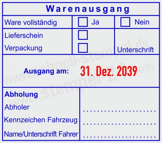 Warenausgangsstempel - Ware vollständig, Lieferschein geprüft, Verpackung & Abholung dokumentiert Blau/Rot