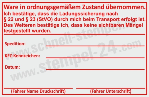 Stempel Ladungssicherung nach § 22 und § 23 StVO Transport erfolgt Rot