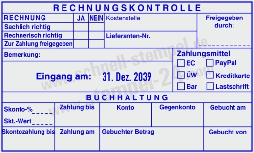Kontierungsstempel Rechnungskontrolle Zahlungsmittel gebuchter Betrag | 54120