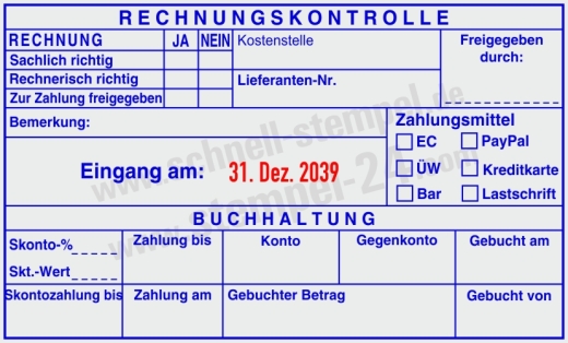Kontierungsstempel Rechnungskontrolle Kostenstelle Kostenträger Blau/Rot