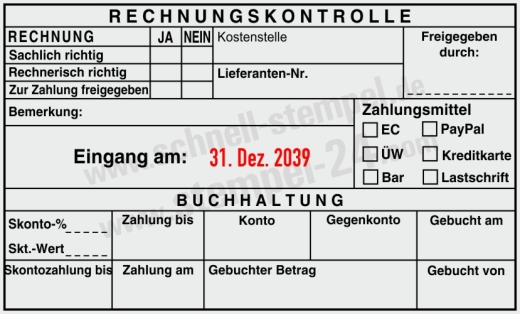 Kontierungsstempel Rechnungskontrolle Kostenstelle Kostenträger Schwarz/Rot