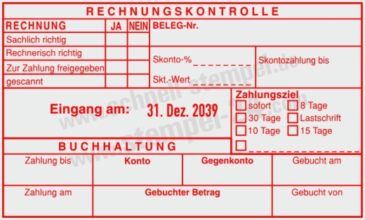 Kontierungsstempel Rechnungskontrolle Belegnummer Zahlungsziel Rot
