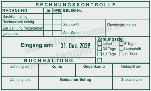 Kontierungsstempel Rechnungskontrolle Belegnummer Zahlungsziel Grün