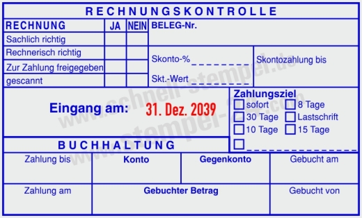 Kontierungsstempel Rechnungskontrolle Belegnummer Zahlungsziel Blau/Rot
