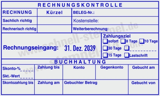 Stempel Rechnungskontrolle Kostenstelle Belegnummer Zahlungsziel | 54120