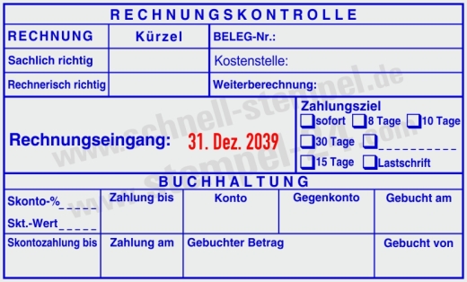 Stempel Rechnungskontrolle Kostenstelle Belegnummer Zahlungsziel Blau/Rot