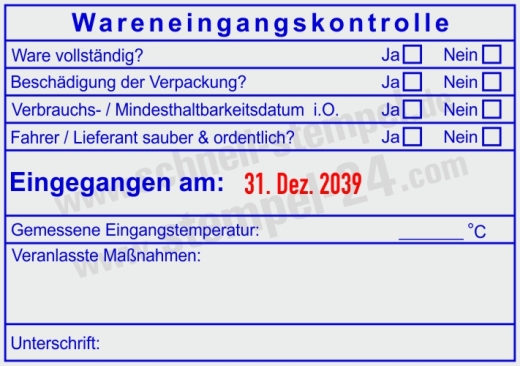 HACCP Stempel Wareneingangskontrolle Mindesthaltbarkeit i.O. Blau/Rot