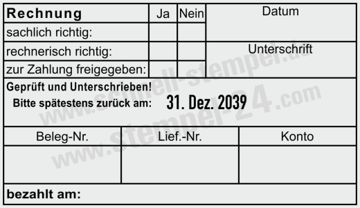 Buchungsstempel Rechnung Geprüft und Unterschrieben zurück Schwarz