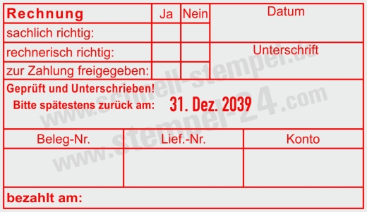 Buchungsstempel Rechnung Geprüft und Unterschrieben zurück Rot