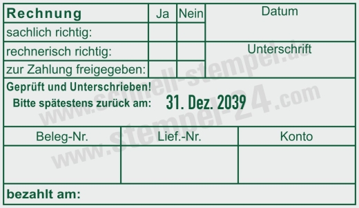 Buchungsstempel Rechnung Geprüft und Unterschrieben zurück Grün