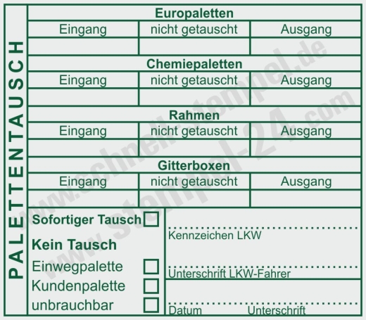 Stempel für Palettentausch – Chemiepaletten, Europaletten & Gitterboxen Grün