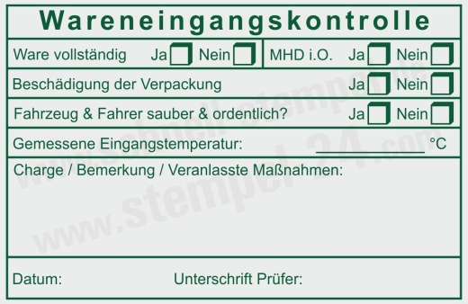 HACCP-Stempel Wareneingangskontrolle Mindesthaltbarkeit Charge Grün