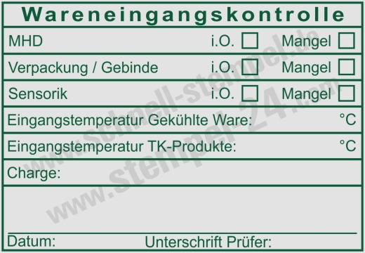 HACCP Kontrollstempel – Wareneingang Temperaturprüfung Sensorik & Mindesthaltbarkeit Grün